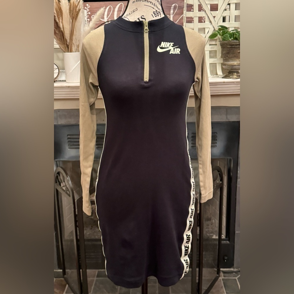 Nike Air Knee Length Bodycon Dress Small Black Green Fitted Zip Faux Racerback
